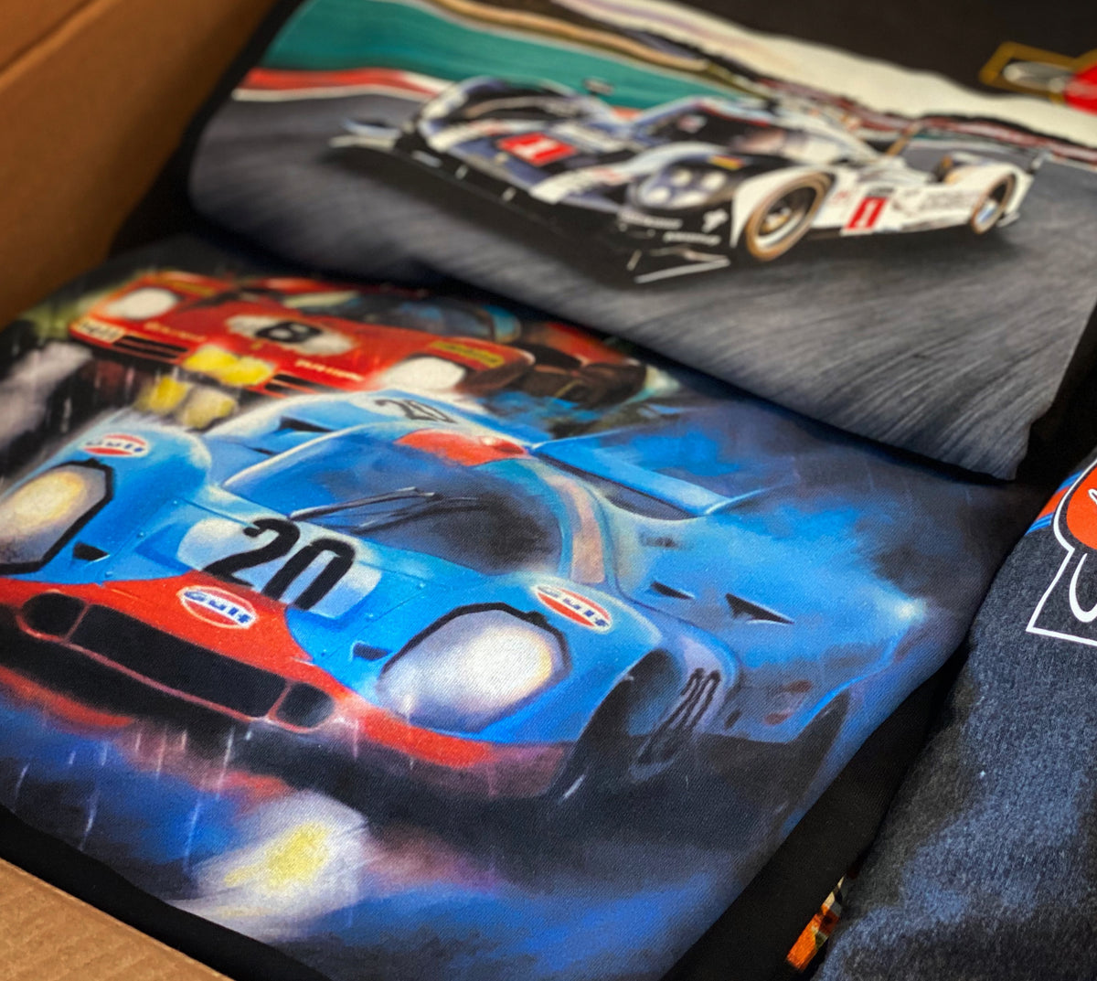 Colorful vintage race car artwork printed on shirts