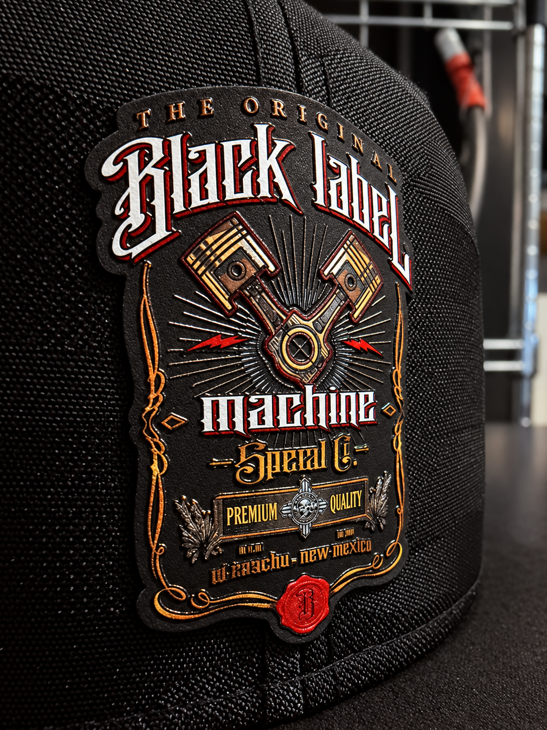 Black Label Machine patch with metallic detailing on black fabric